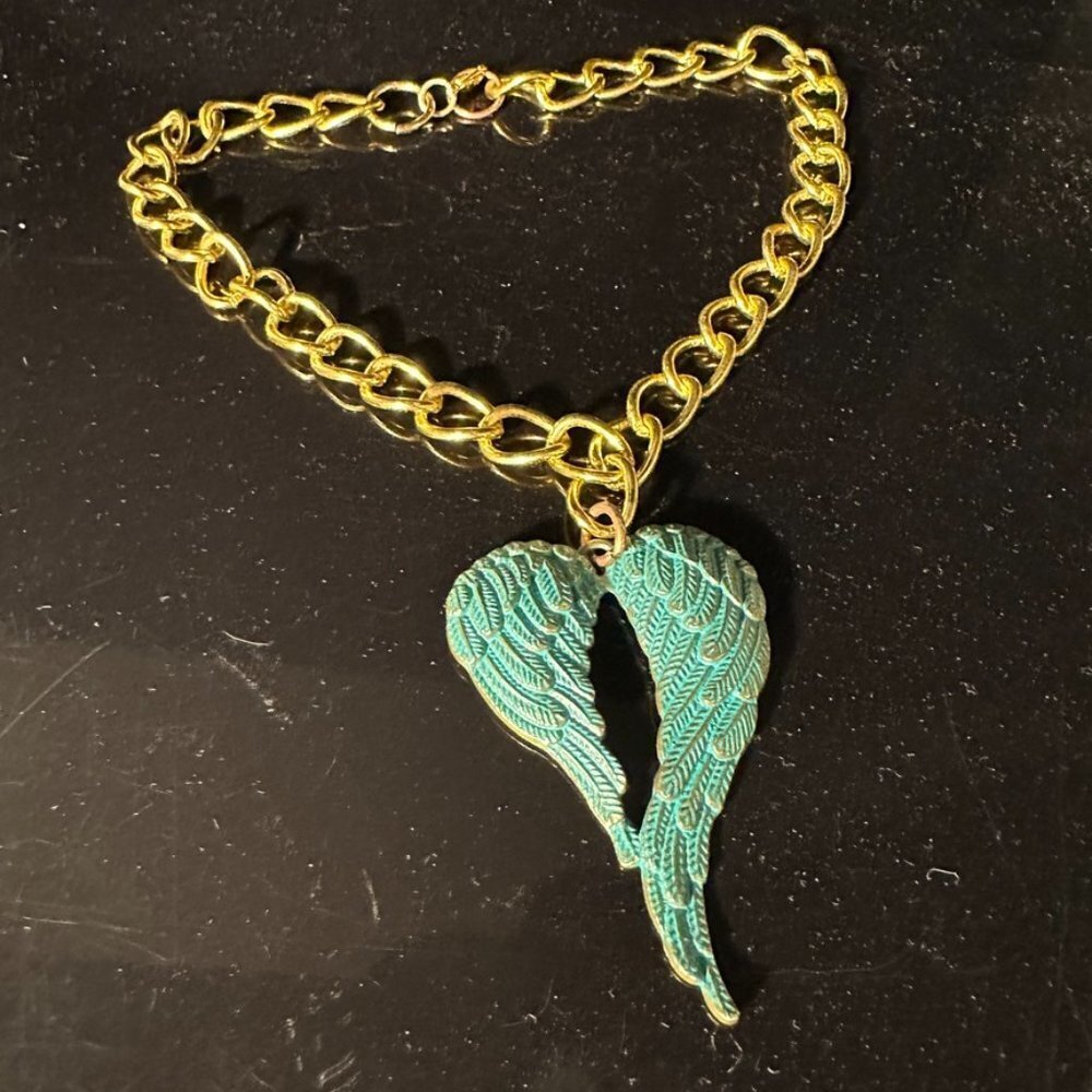 Green Verdigris Pendant Heart Angel Wings Gold Necklace Choker Gift - Picture 3 of 6